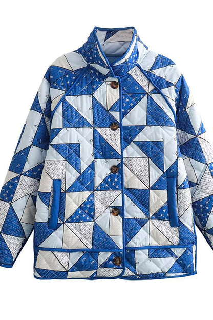 Margovil Button Up Color Block Print Padded Quilted Coat