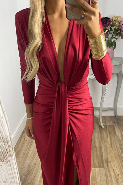 Margovil Deep V Neck Ruched Slit Maxi Bodycon Dress