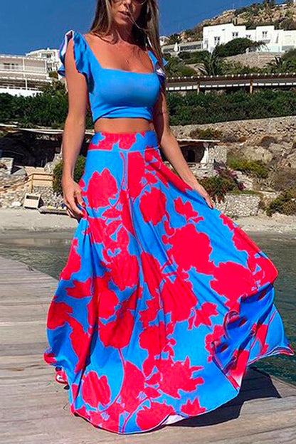 Margovil Square Collar Ruffle Crop Top Maxi Swing Skirt Printed Set