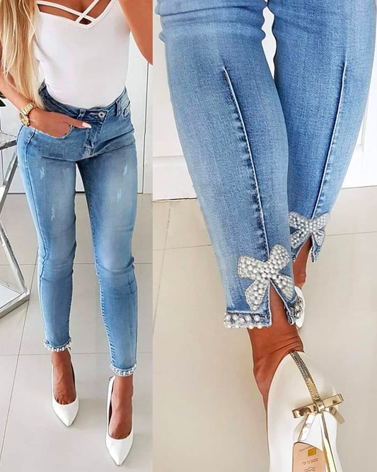 Margovil Bow Knot Pearl Beaded Pencil Denim Pants