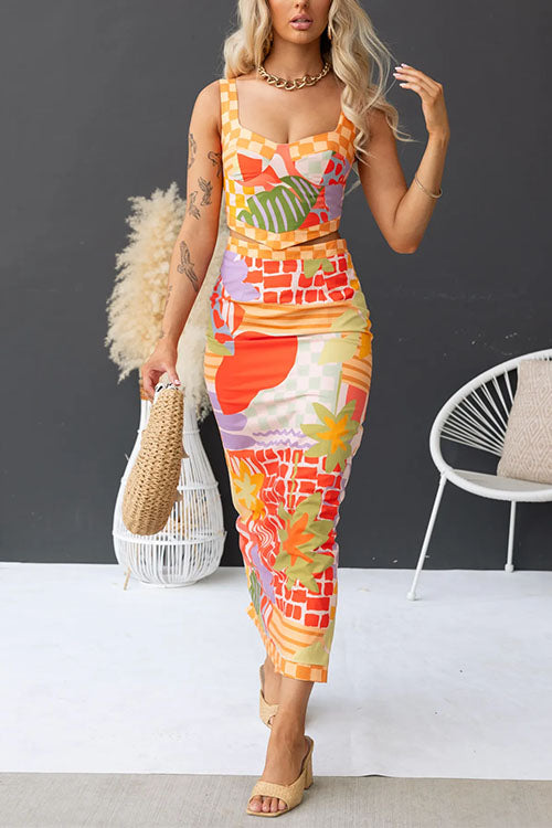 Unique Print Crop Cami Top and Back Slit Bodycon Maxi Skirt Set