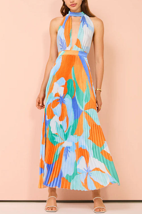 Deep V Neck Halter Backless Printed Maxi Pleated Dress