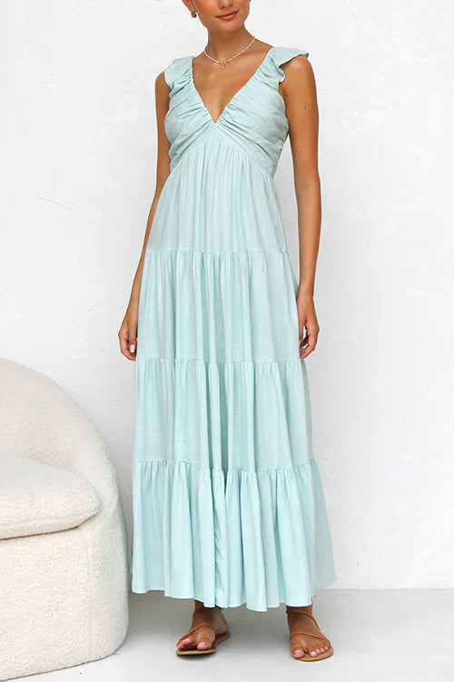 Margovil V Neck Ruffle Trim Tiered Sleeveless Linen Maxi Dress