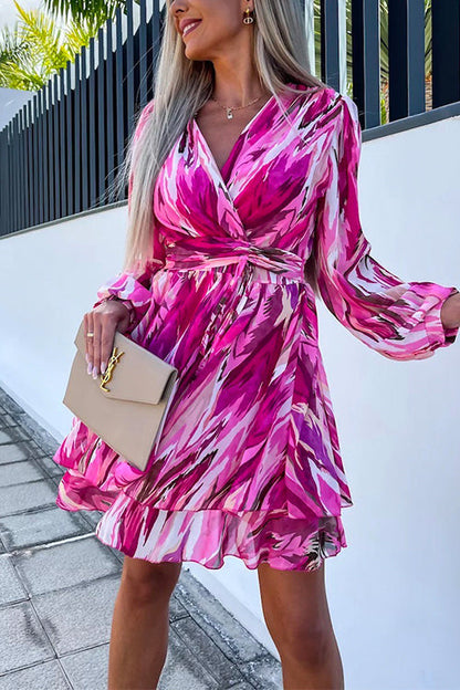 Margovil Wrap V Neck Waisted Ruffle Layered Printed Dress