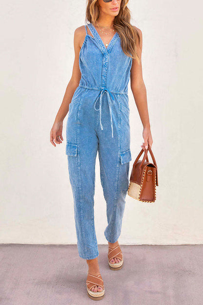 Margovil V Neck Drawstring Waist Sleeveless Denim Overall Jumpsuit