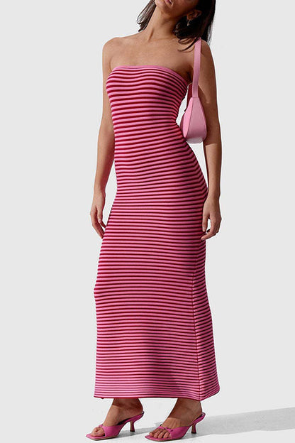 Margovil Strapless Tube Striped Knit Maxi Bodycon Dress