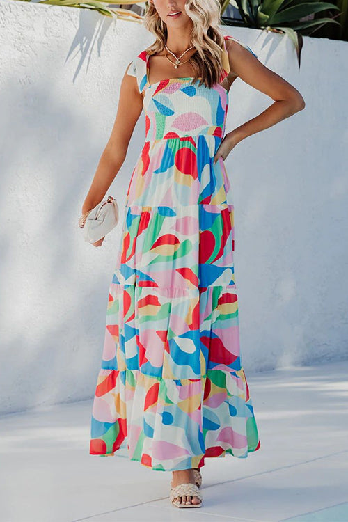 Margovil Bow Shoulder Ruffle Tiered Printed Flowy Maxi Cami Dress