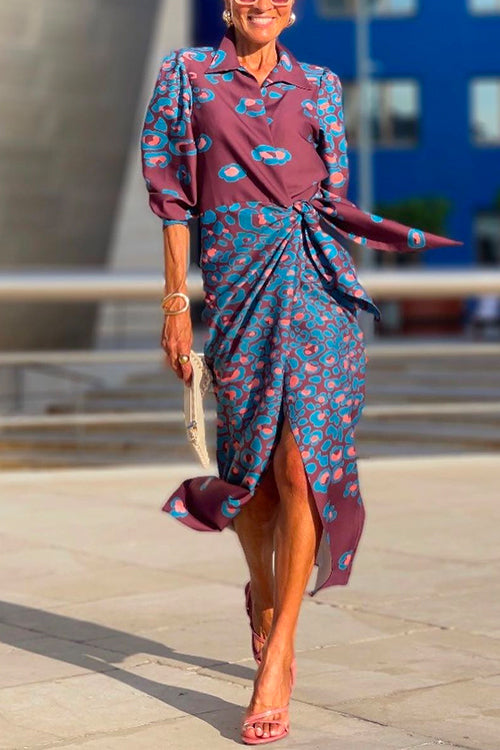 Lapel Tie Waist Color Block Printed Midi Wrap Dress