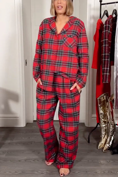 Ensemble pyjama à carreaux de Noël avec chemise boutonnée à manches longues et pantalon à jambe droite 