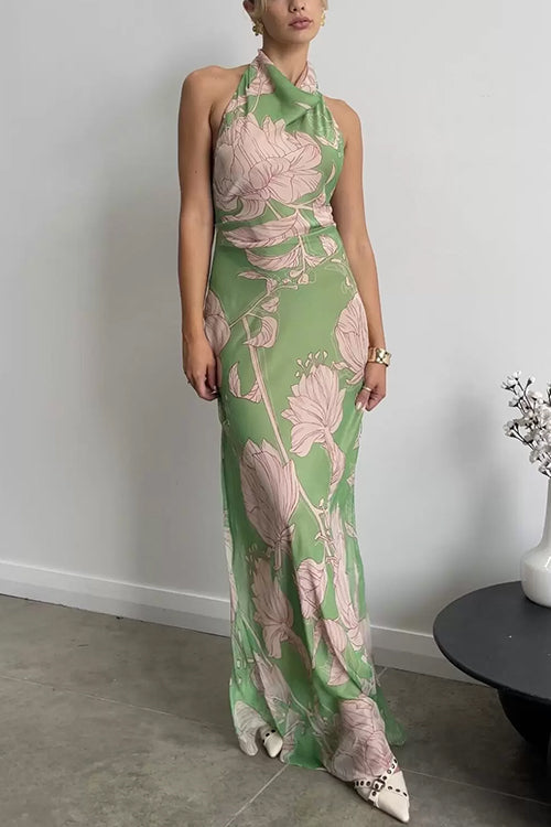 Halter Open Back Sleeveless Floral Print Maxi Dress