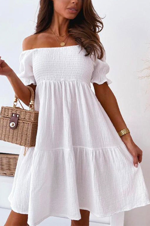 Margovil Off Shoulder Short Sleeve Smocked Ruffle Swing Dress