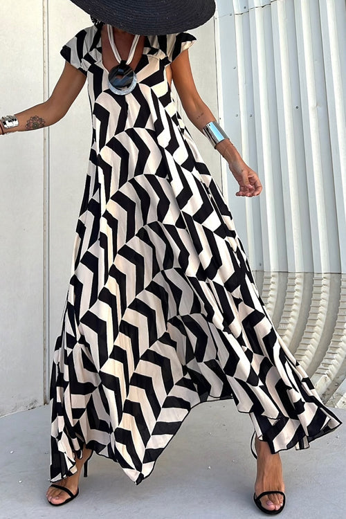 V Neck Cap Sleeves Printed A-line Maxi Vacation Dress