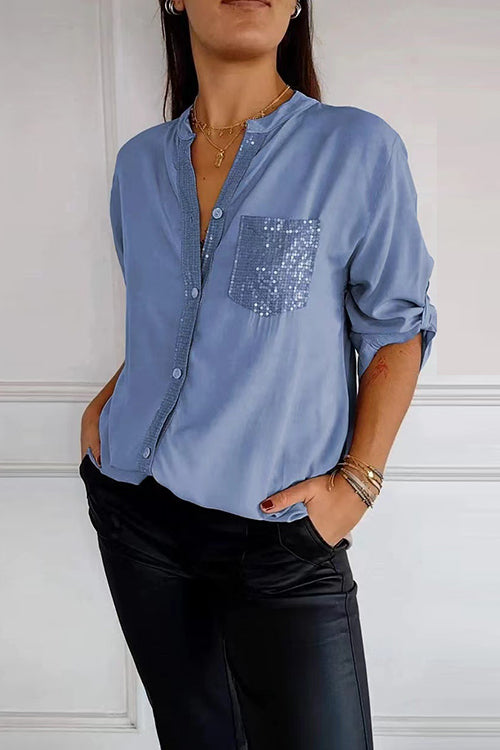 Margovil Rolled Up Sleeves Button Down Sequin Splice Blouse Shirt