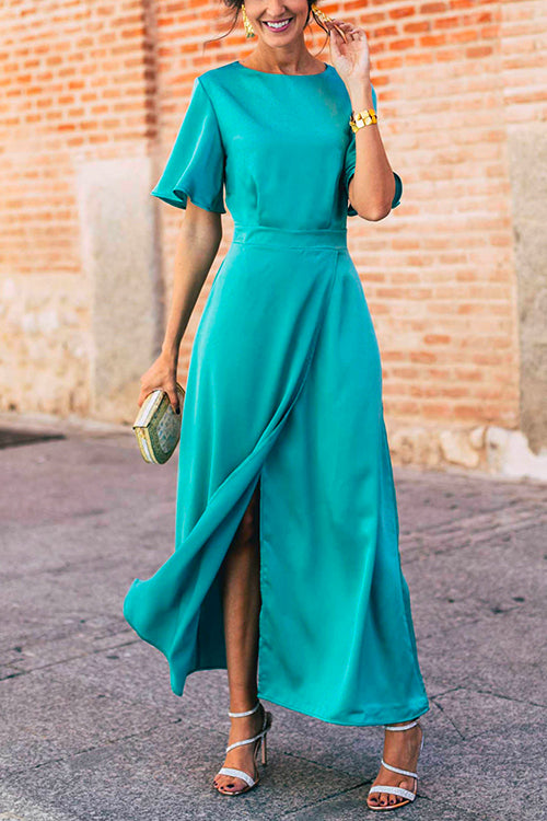 Flare Sleeves Backless Waisted Slit Maxi Dress