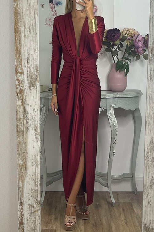 Margovil Deep V Neck Ruched Slit Maxi Bodycon Dress