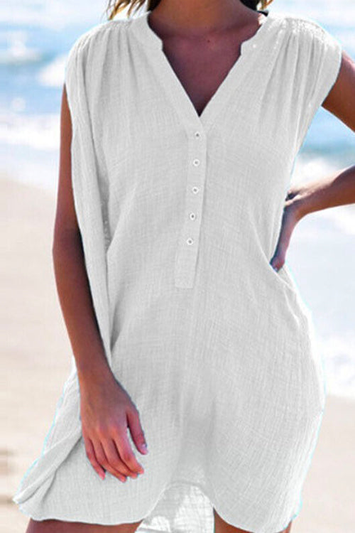 Margovil Buttons V Neck Sleeveless Ruched Beach Dress