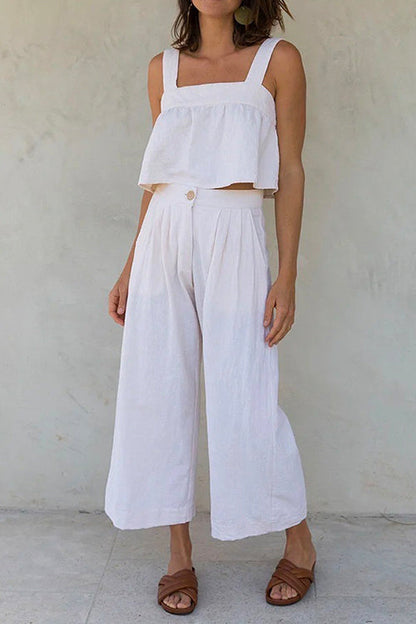 Margovil Square Collar Crop Tank Top Wide Leg Pants Cotton Linen Set