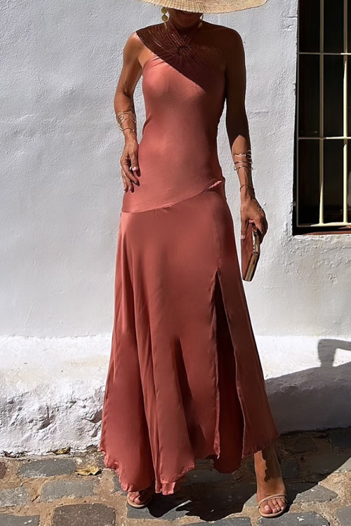 Chic Sleeveless Halter Slit Maxi Swing Dress