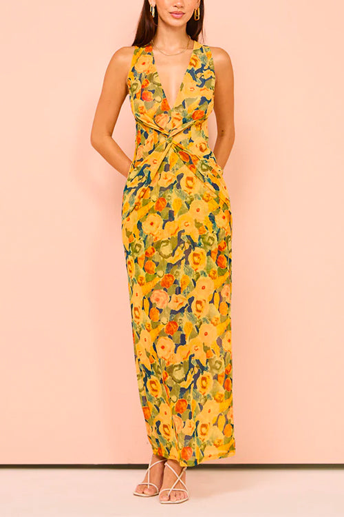 V Neck Twist Front Sleeveless Floral Print Maxi Dress