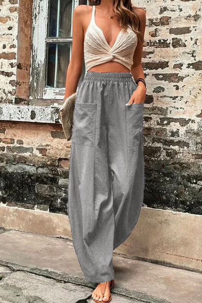 Margovil Elastic Waist Pockets Tapered Wide Leg Pants