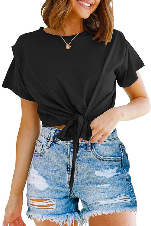 Margovil Short Sleeve Knot Front Cropped T-shirt