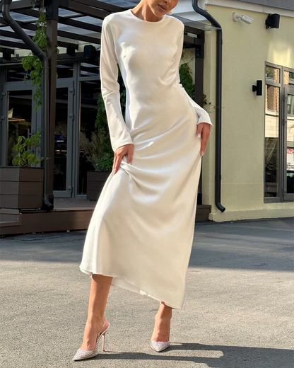 Women's solid color long sleeve round neck dress