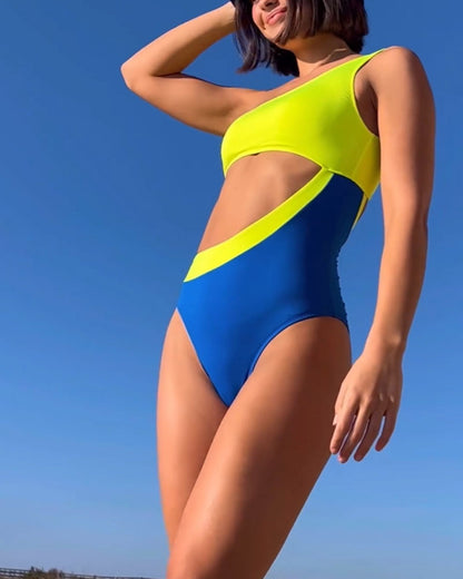 Women's contrasting color one-shoulder swimsuit