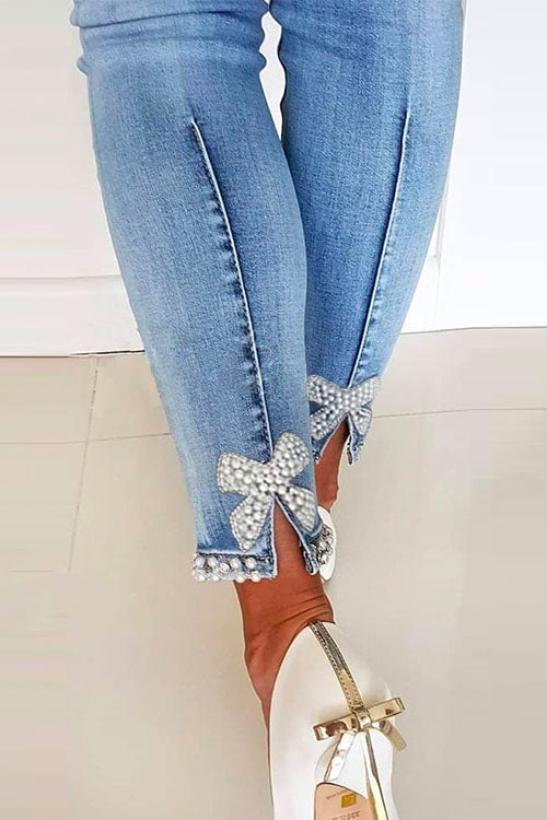 Margovil Bow Knot Pearl Beaded Pencil Denim Pants