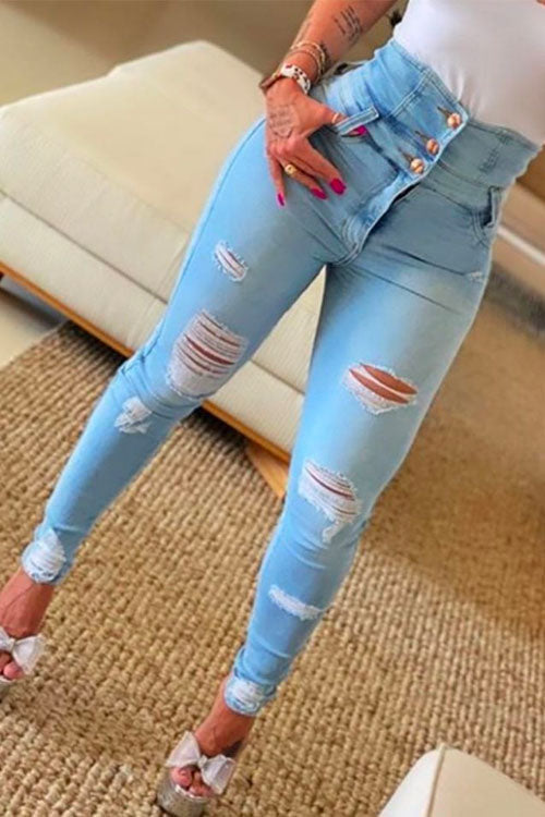 Margovil Button Up High Waist Ripped Skinny Jeans