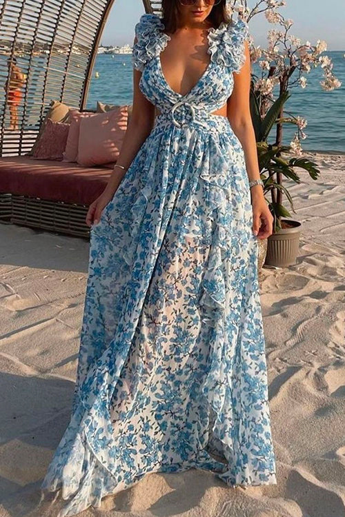 Margovil Deep V Neck Slit Ruffle Trim Floral Maxi Vacation Dress