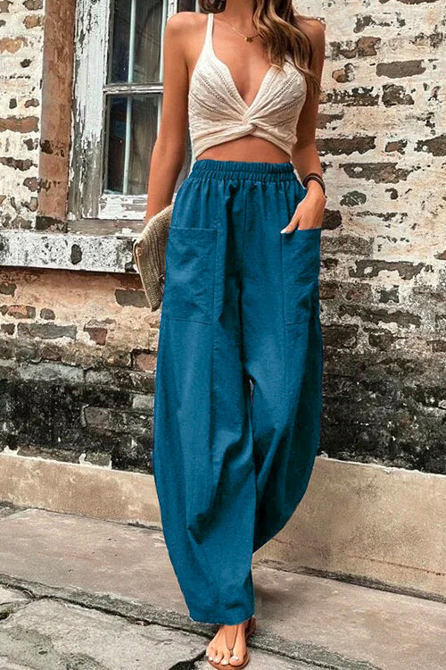 Margovil Elastic Waist Pockets Tapered Wide Leg Pants