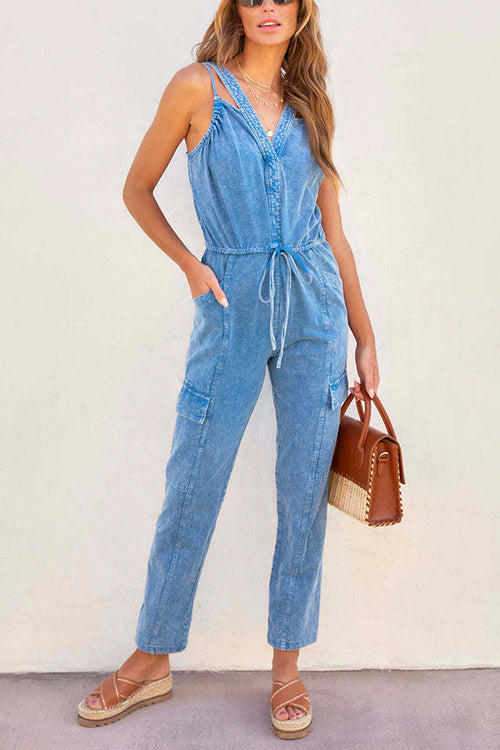 Margovil V Neck Drawstring Waist Sleeveless Denim Overall Jumpsuit