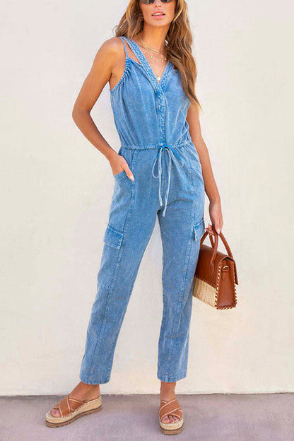 Margovil V Neck Drawstring Waist Sleeveless Denim Overall Jumpsuit