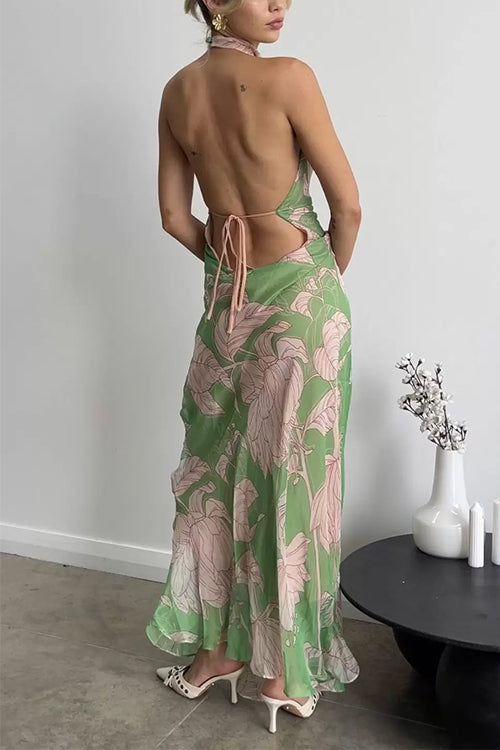 Halter Open Back Sleeveless Floral Print Maxi Dress