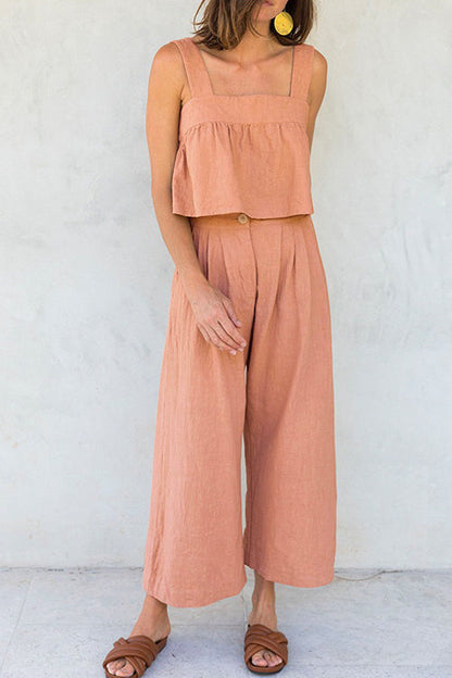 Margovil Square Collar Crop Tank Top Wide Leg Pants Cotton Linen Set