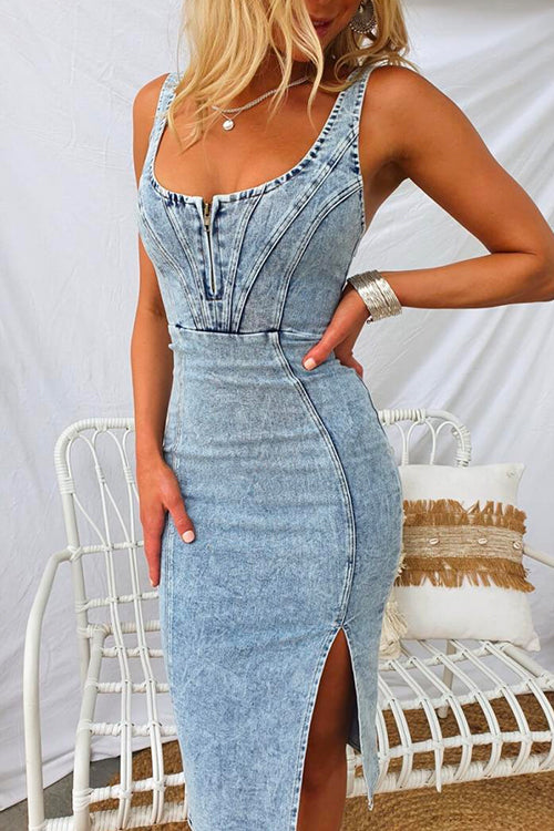 U Neck Zip Up Slit Denim Bodycon Cami Dress