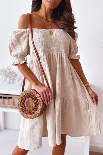 Margovil Off Shoulder Short Sleeve Smocked Ruffle Swing Dress