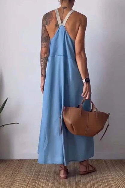 Margovil Color Block Casual Cotton Linen Maxi Beach Dress