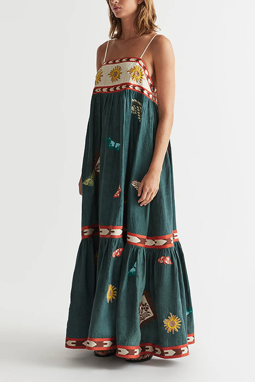 Margovil Spaghetti Strap Backless Printed Swing Maxi Sun Dress