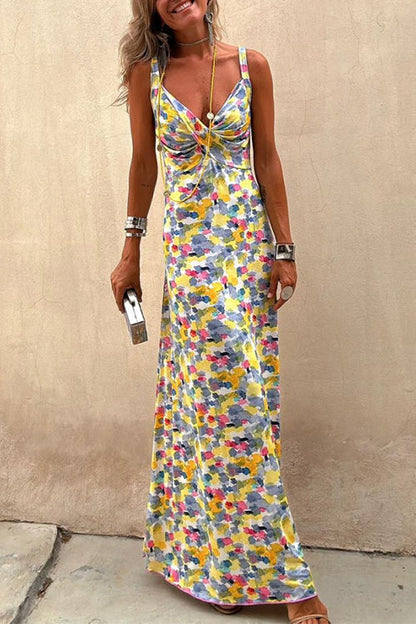 Cross V Neck Abstract Print Swing Maxi Cami Dress