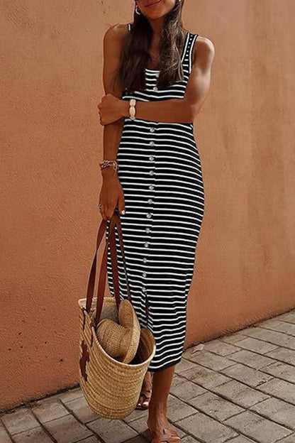 Margovil U Neck Button Down Striped Midi Tank Dress