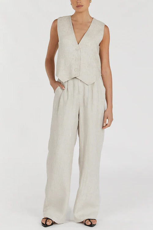 Margovil V Neck Button Down Blazer Vest and Wide Leg Pants Set