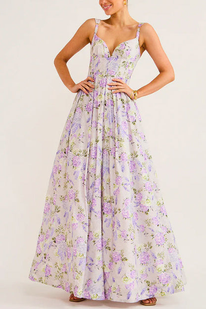 Spaghetti Strap Empire Waist Wisteria Print Swing Maxi Dress