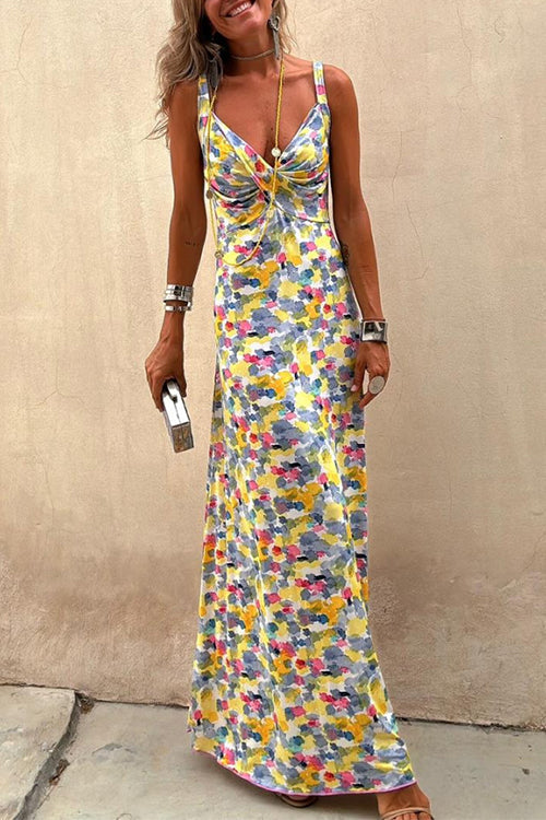 Cross V Neck Abstract Print Swing Maxi Cami Dress