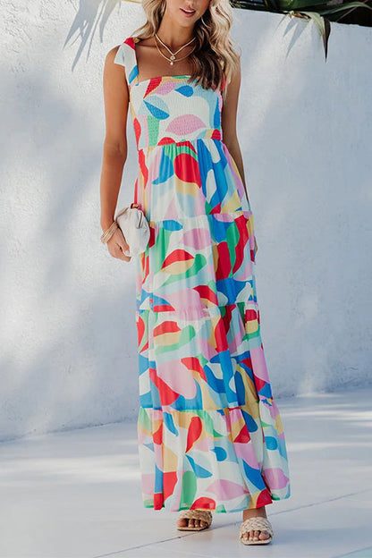 Margovil Bow Shoulder Ruffle Tiered Printed Flowy Maxi Cami Dress