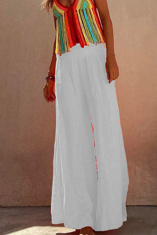 Margovil Smocked Elastic Waist Baggy Wide Leg Cotton Linen Pants