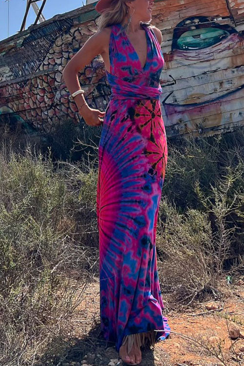 Margovil V Neck Criss Cross Backless Tie Dye Maxi A-line Dress