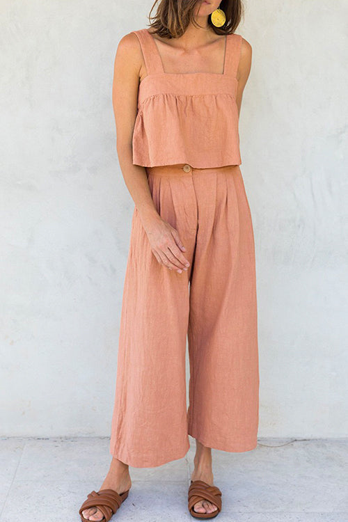 Margovil Square Collar Crop Tank Top Wide Leg Pants Cotton Linen Set