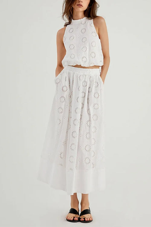 Margovil Elastic Waist Lace Hollow Out Pocketed Maxi Skirt