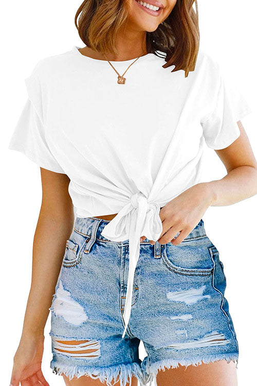 Margovil Short Sleeve Knot Front Cropped T-shirt